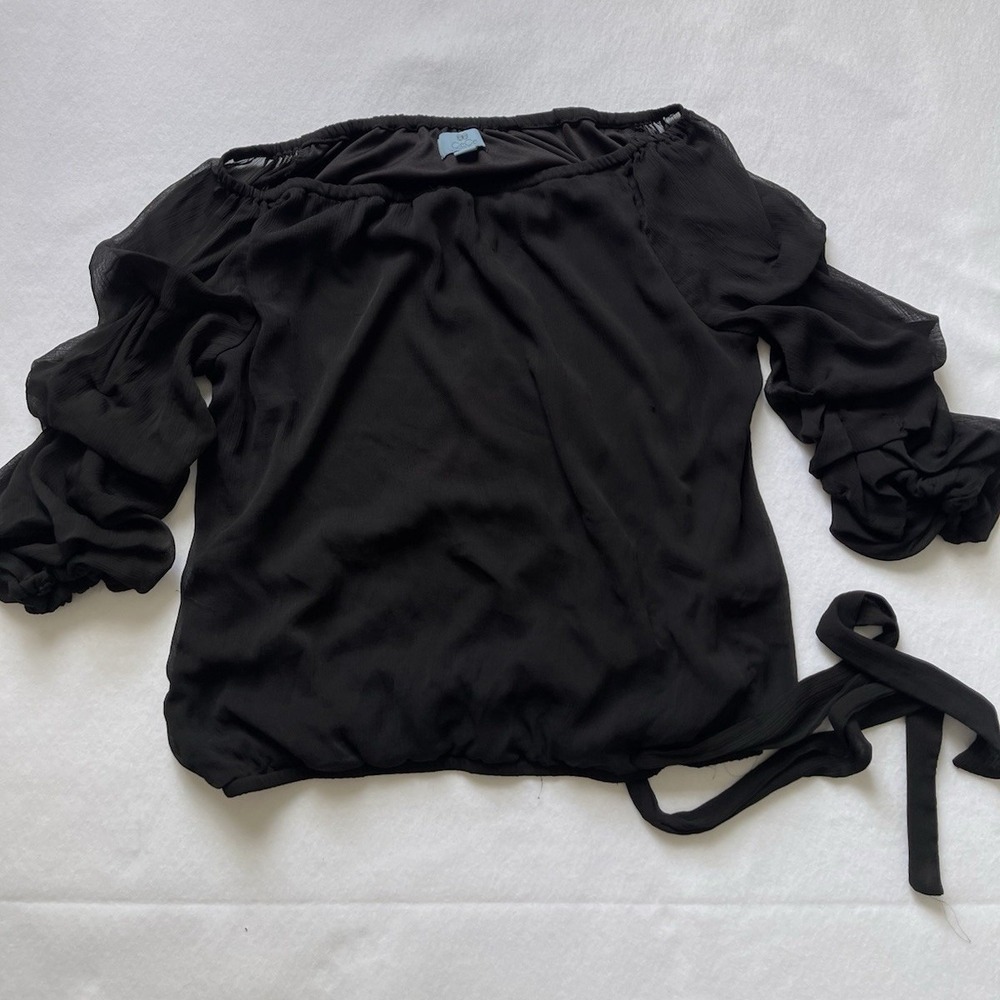 CeCe Black Off-the-Shoulder Tie Ruffle Long Sleeve Blouse Size L